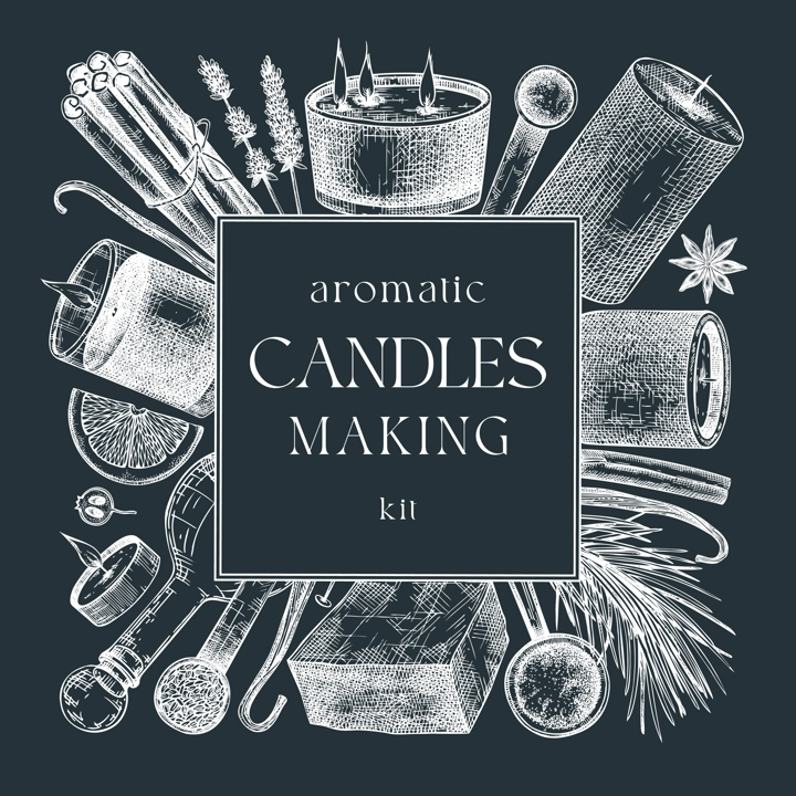 Hand sketched candle-making card design on chalkboard. Vintage candles, herbs, wax, spices, skewers hand drawings square wreath. Perfect template for aromatherapy, hobby, handcrafts, candle making